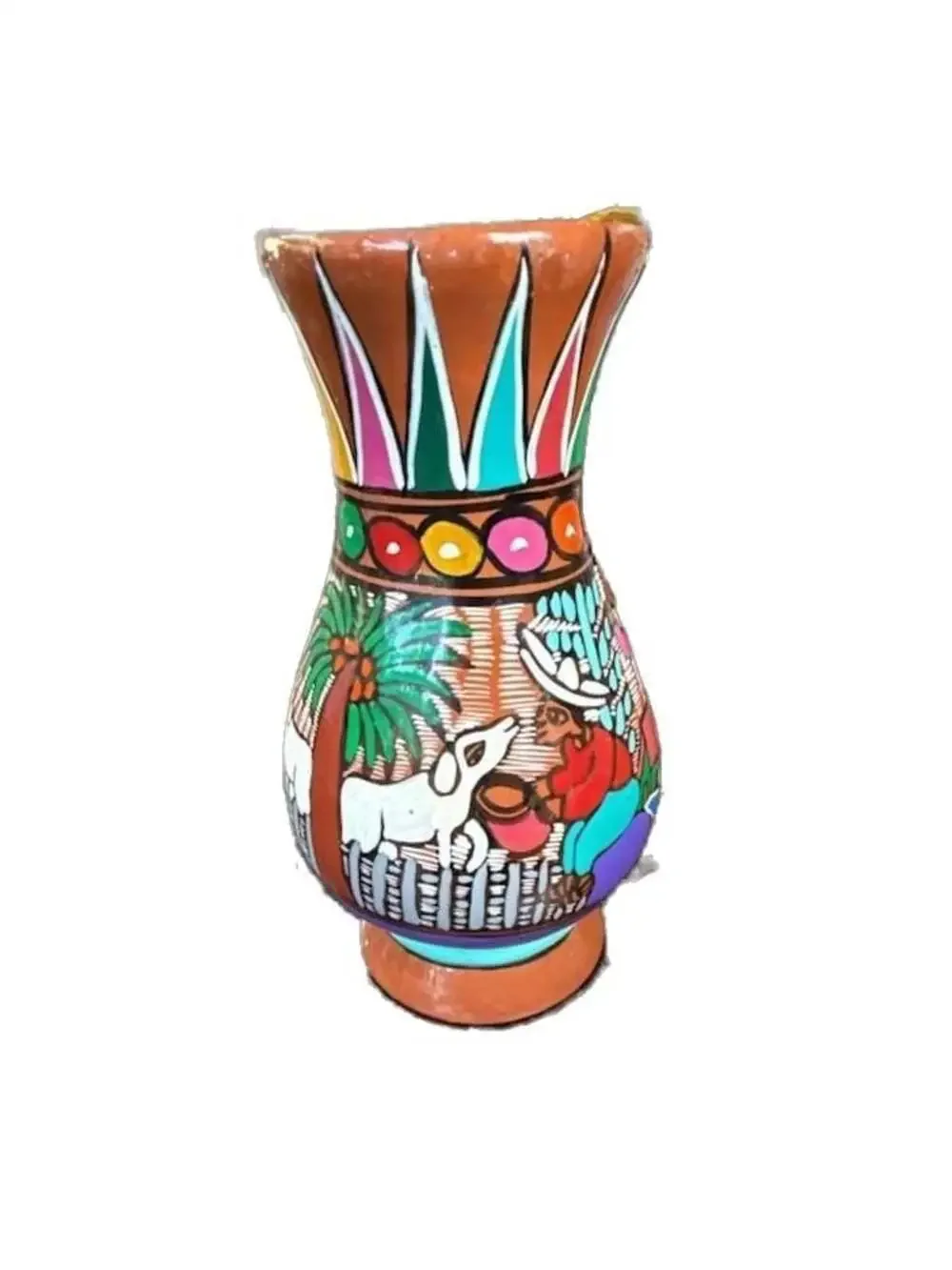 Vintage Hand Painted Mexican Folk Art Terracotta Pottery Storytelling Vase